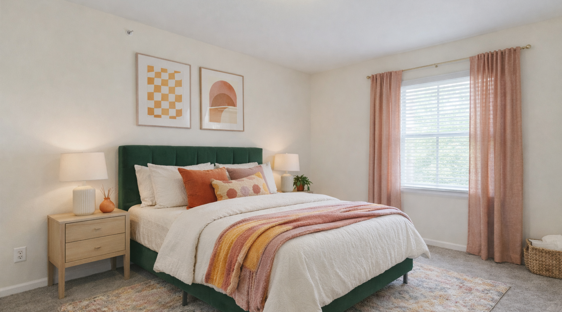 Styled apartment bedroom with pink and green accents